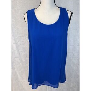 Calvin Klein Women's L Top Career Blue Sheer Overlay Back Slit Sleeveless Lined